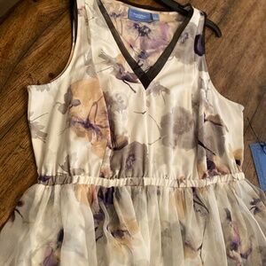 Simply Vera Wang L Etheral Move Sleeveless Dress Cream Black Trim Floral Print